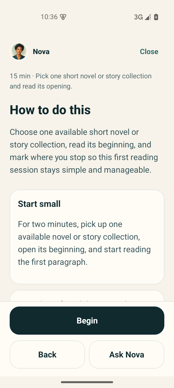 Task guide with a small starting step and Ask Nova button